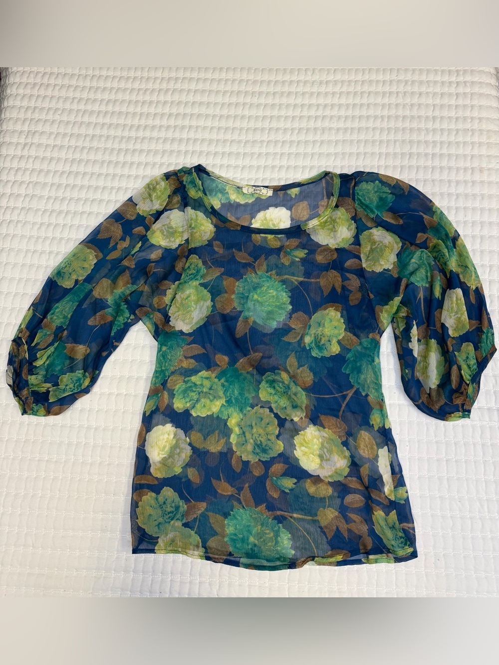 ezra Navy Sheer Floral Puff-Sleeve Blouse